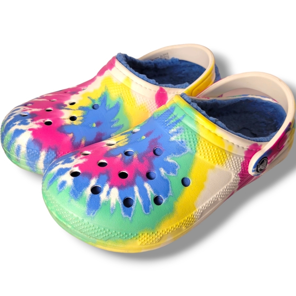 Tie Dye Crocs Fleece Lined Womens 9 Mens 7 | Unisex Rubber Rainbow Multicolored